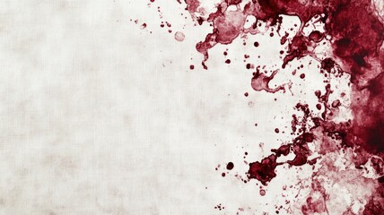 Abstract burgundy wine stains on white linen, forming organic splatters and patterns.