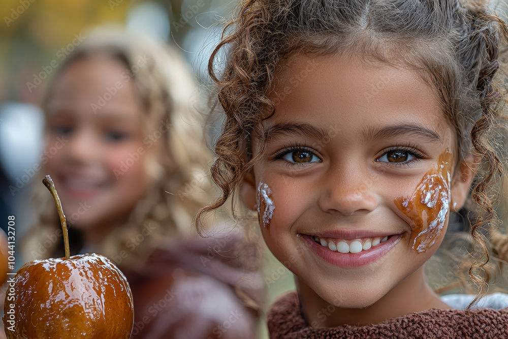 Sticker A family attending a fall festival, enjoying caramel apples, hayrides, and face painting. Concept of family bonding.