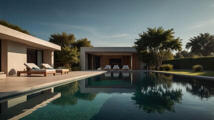 Fototapeta premium A modern, luxurious home with a swimming pool and lounge chairs, surrounded by lush greenery.