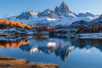 Fototapeta premium Serene Mountain Landscape with Autumn Reflections in a Tranquil Lake