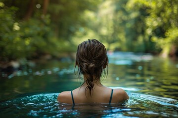Fototapeta premium Woman swim in lake. Nature summer water and young female. Outdoor vacation travel. Summertime recreational freedom. Girl swimming in river