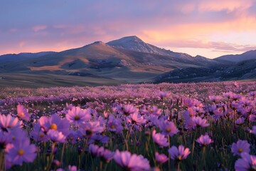 Obraz premium Breathtaking Sunset Over a Field of Purple Wildflowers and Majestic Mountains