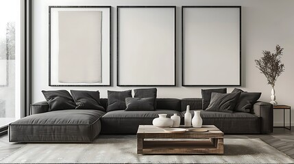 Modern Interior of Stylish Living Room ,Wall Mock Up, Frame , Poster with Beautiful Background, 3d render