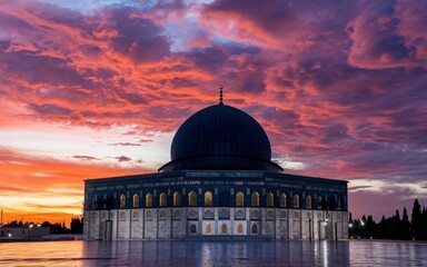 Obraz premium A mosque with a golden dome under a vibrant, pink and orange sunset sky.