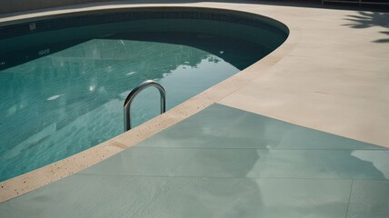 A swimming pool with a metal ladder and blue tiled floor with a white concrete border and a reflection of trees and the sky on the water surface.