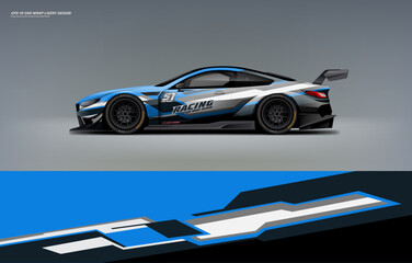Fototapeta premium Racing Car sport car branding with racing wrap decal or livery design. Abstract racing graphics black blue backround. Editable vector template