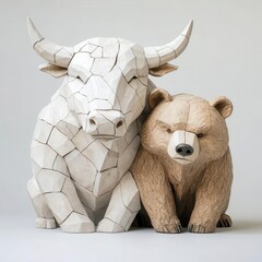 A crumbling stone sculpture of a bull and bear, symbolizing the collapse of both optimism and fear in the market