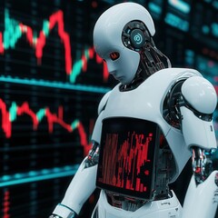 A futuristic robot trader short-circuiting as the stock graphs on its screen malfunction and crash