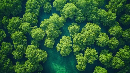 Naklejka premium View from below of a green mangrove forest canopy, acting as a natural carbon sink. 