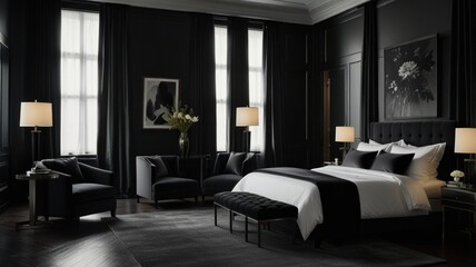 A luxurious bedroom with a black and white color scheme, featuring a king-sized bed, a bench at the foot of the bed, two armchairs, and a large window.