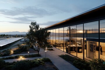 Fototapeta premium An eco-friendly building illuminated at dusk, featuring extensive solar arrays and surrounded by green landscaping with a backdrop of mountains and twilight sky.