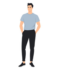 Vector illustration of a man in a gray and blue t-shirt and black pants. A comfortable and casual look for every day.