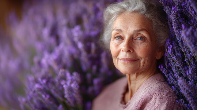 A tranquil moment captures an elderly woman smiling gently while nestled among vibrant lavender flowers, radiating peace and contentment