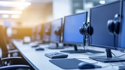 Empty call center desk with headsets and computers.
