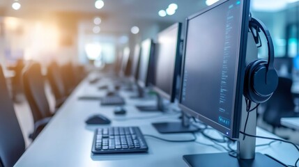 Empty call center desk with headsets and computers.
