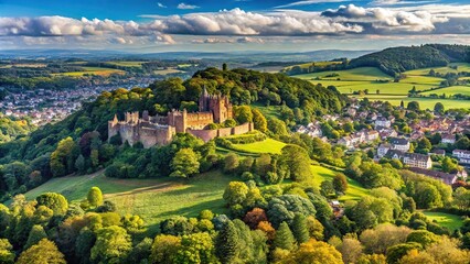 Scenic view of Dunster Castle and Minehead from Withycombe Hill in Somerset, UK