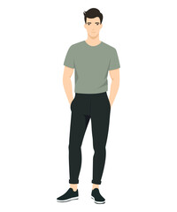 Naklejka premium Vector illustration of a man wearing a green T-shirt and black trousers, creating a stylish and minimalistic look. And simply give an onion