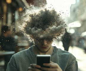 A young man sits outdoors, intensely focused on his smartphone, an explosion of his head symbolizing technology overload.