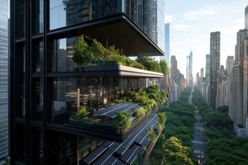 High-rise building features multiple layers with lush greenery and solar panels, embodying a commitment to sustainable living and future-forward architectural design.