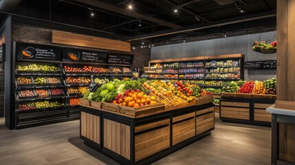 A vibrant grocery store display featuring fresh fruits and vegetables in wooden crates.