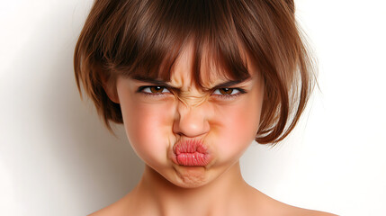 Naklejka premium Sulky Child Portrait: Close-up of a young girl with brown hair, making a sulky face. The image captures a range of emotions, from frustration to defiance.
