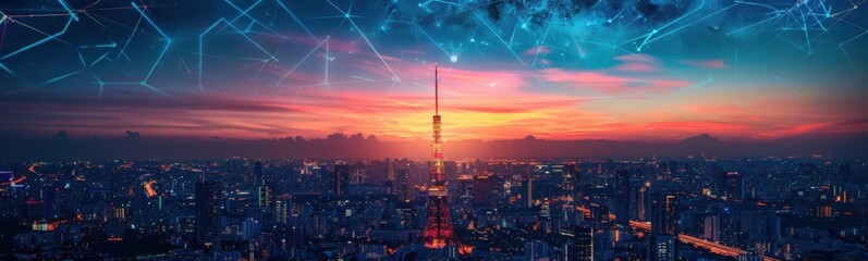 Obraz premium Futuristic city skyline with futuristic lines and lights at sunset, banner, copy space