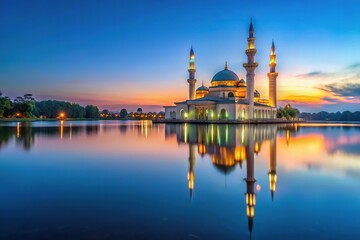Scenic view of Fish Lake and Selimiye Mosque at blue hour Close-Up