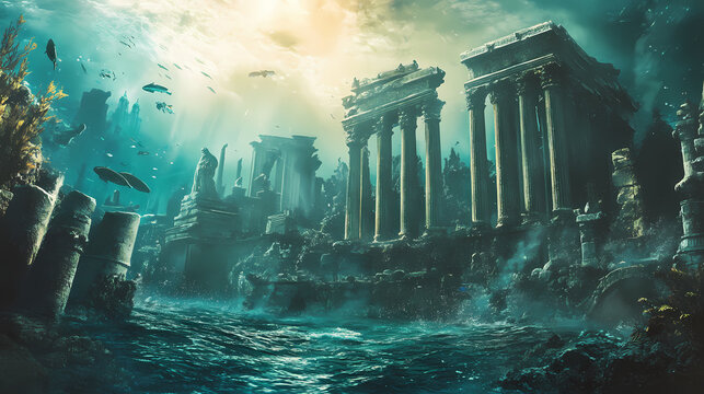 Underwater landscape of a submerged city with columns and temples in ruins belonging to an ancient lost civilization like atlantis or lemuria. Lost Atlantis. Illustration