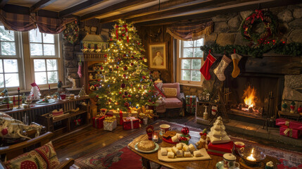 A cozy living room decorated for Christmas. The tree is filled with gold and red decorations, twinkling lights.