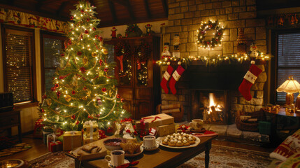 A cozy living room decorated for Christmas. The tree is filled with gold and red decorations, twinkling lights.