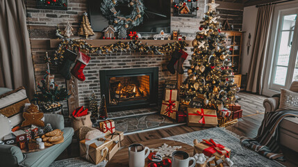 A cozy living room decorated for Christmas. The tree is filled with gold and red decorations, twinkling lights.