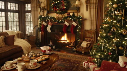 A cozy living room decorated for Christmas. The tree is filled with gold and red decorations, twinkling lights.
