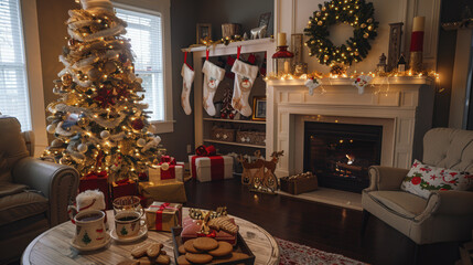A cozy living room decorated for Christmas. The tree is filled with gold and red decorations, twinkling lights.