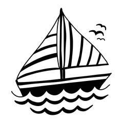 Sailboat vector monochrome black and white illustration, ship clipart isolated on transparent background. Sea waves outline drawing for logo, web, poster, print. Doodle hand drawn sketch