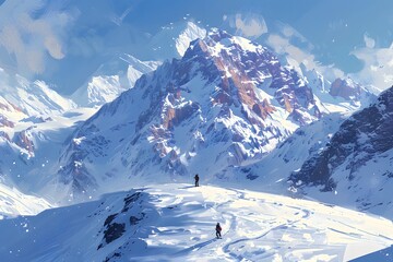 Obraz premium Majestic Snow-Capped Peaks: Adventurers Conquer the Winter Wonderland