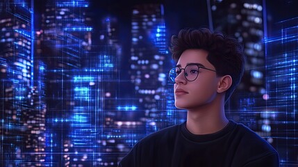 A young man with black hair and glasses gazes thoughtfully while blue holographic technology displays fill the night office backdrop