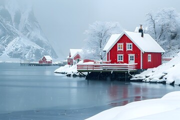 Serene Winter Landscape with Red Cabins by a Snowy Shoreline