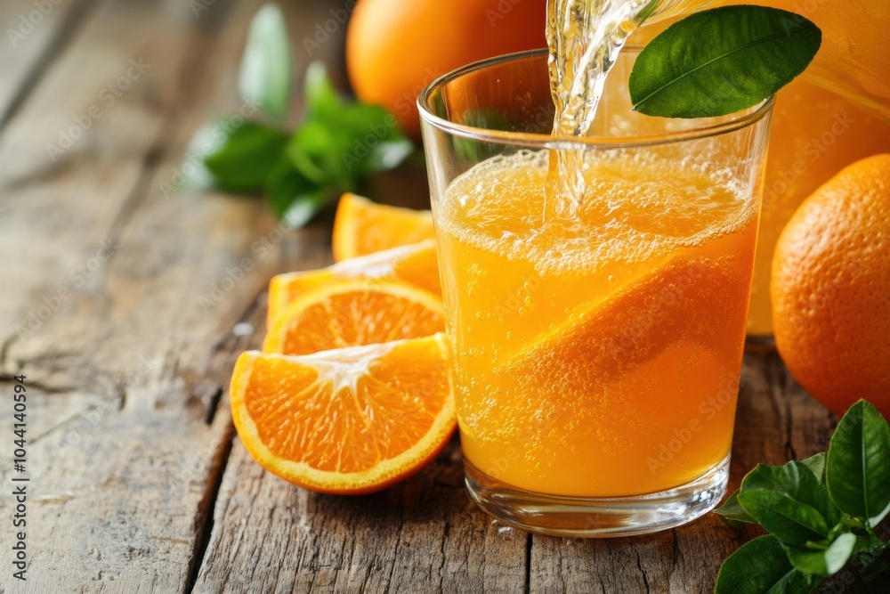 Poster a glass of refreshing orange juice is being poured, accompanied by fresh orange slices and a sprig o