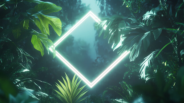 Tropical plants illuminated with white fluorescent light. nature environment with diamond shaped neon frame. Neon Cyber Jungle. Illustration