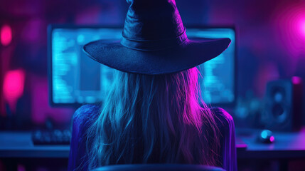 A figure wearing a witch hat is focused on multiple glowing screens, absorbed in their work or gaming in a vibrant, low-light setup