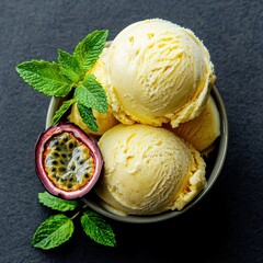 A bowl of creamy yellow ice cream topped with mint leaves, accompanied by a halved passionfruit, set against a dark background.