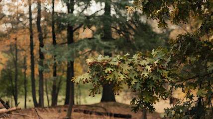 A close-up of oak leaves with acorns, set against a blurred background of a forest in autumn. The scene captures the vibrant colors and tranquility of nature in fall.