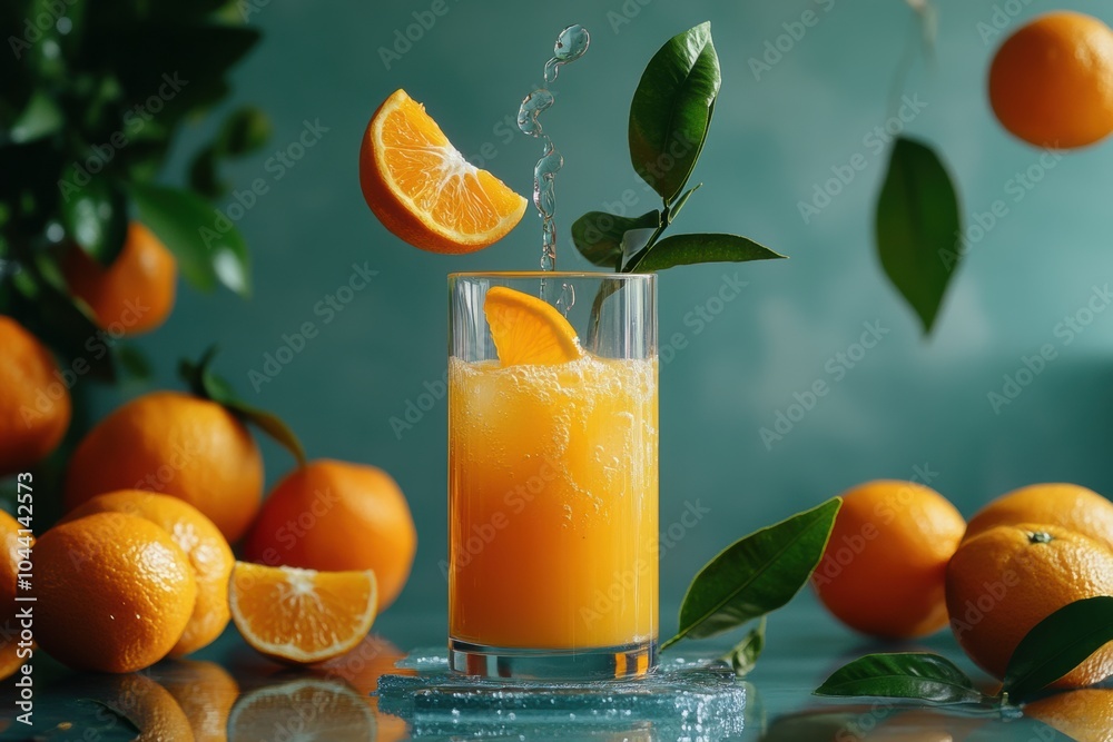 Poster a glass of refreshing orange juice splashes while fresh oranges and green leaves create a vibrant, i