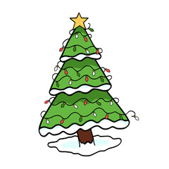 Hand drawn holiday tree with traditional red green and white christmas lights 