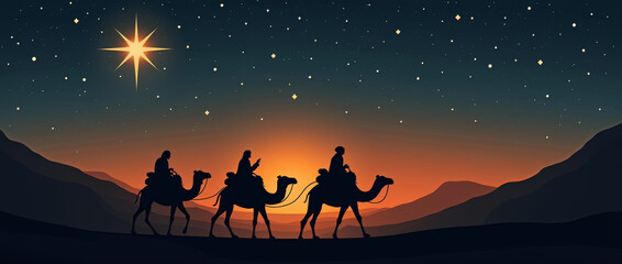 Karawanenfahrt unter einem funkelnden Sternenhimmel. Heilige Drei K&ouml;nige auf dem Weg zum Stern
