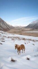 A majestic golden-brown horse runs freely through dry grass, highlighting its grace against the stunning Icelandic mountain backdrop