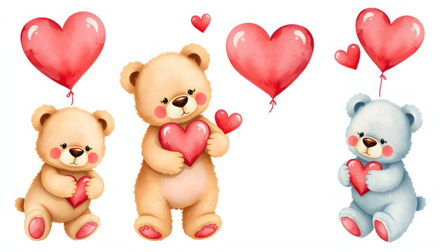 Set of watercolor tedy bears for Valentines Day, lovers. Isolated isolated with white highlights, png