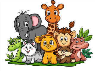 Naklejka premium Safari Squad: Delightful Group of Colorful Cartoon Animals