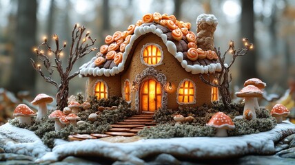 Obraz premium A fantasy-themed gingerbread house in a mystical forest, with glowing windows and peppermint swirls on the roof