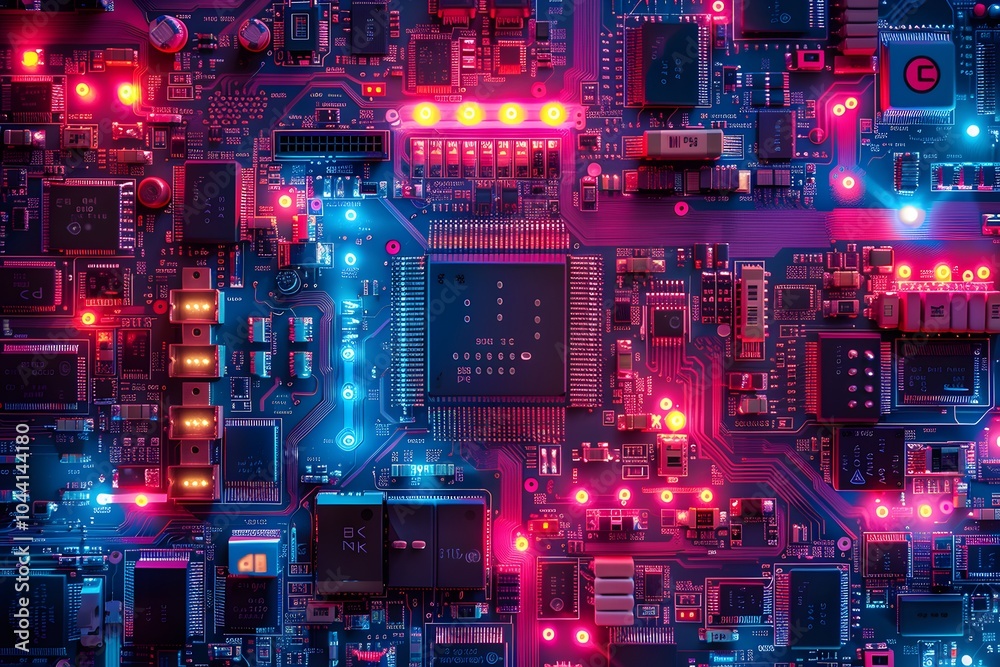 Poster vibrant circuit board with illuminated components and complex design